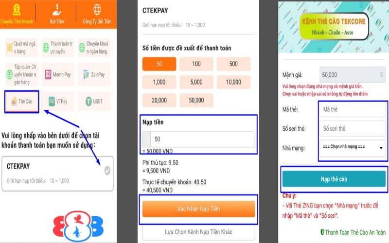 Các bước nạp tiền GA888 bằng thẻ cào điện thoại