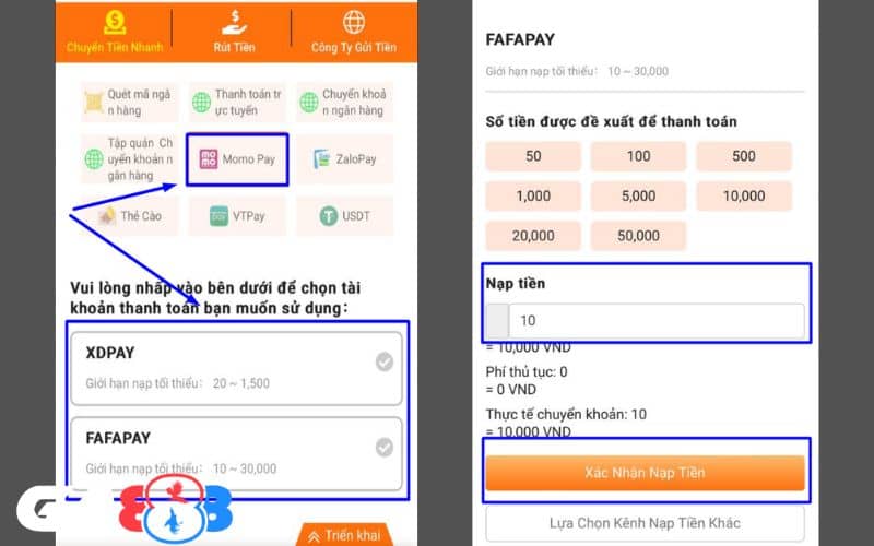 Chọn phương thức Momo Pay và điền số tiền cần nạp