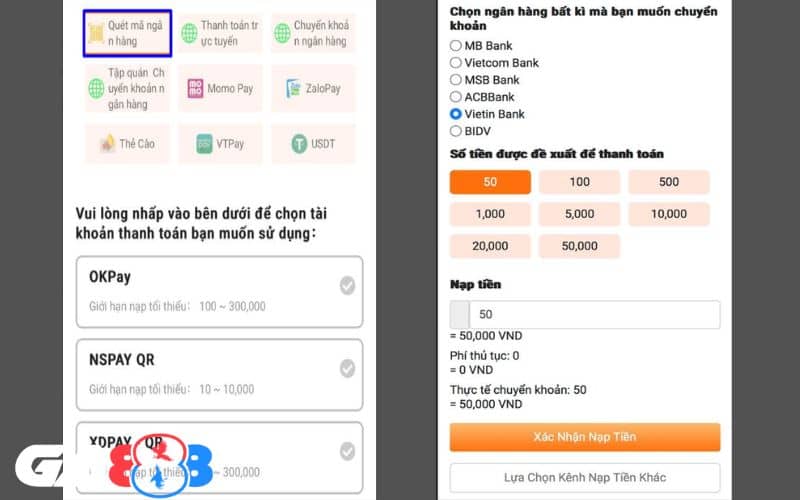 Chọn phương thức quét mã ngân hàng và tài khoản thanh toán