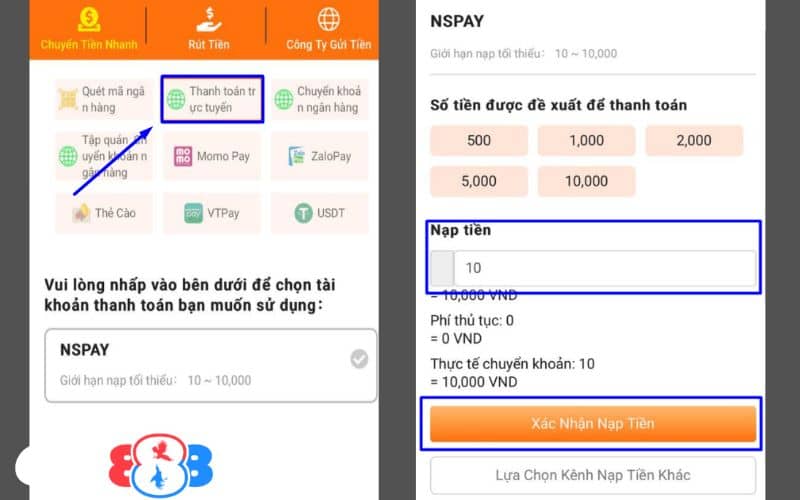 Chọn phương thức thanh toán trực tuyến và điền số tiền cần nạp