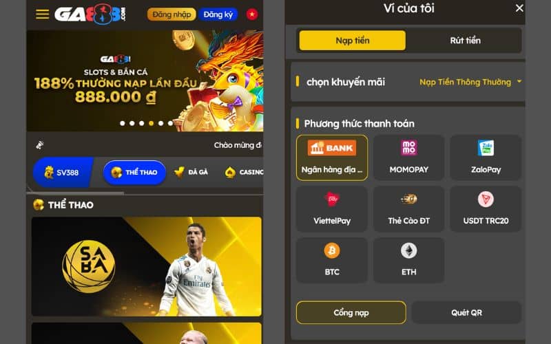 Đăng nhập vào tài khoản GA888 và chọn nạp tiền