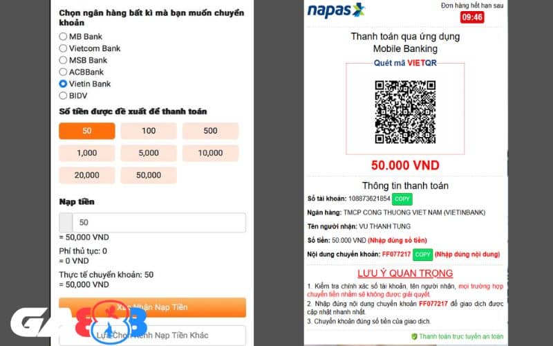 Điền số tiền cần nạp và thực hiện giao dịch trên ứng dụng ngân hàng của bạn