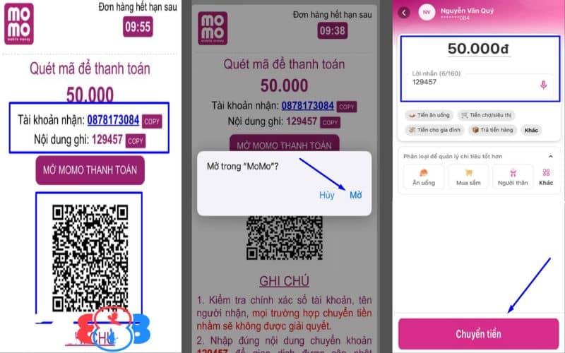 Lưu mã QR để quét mã hoặc chọn mở Momo để thanh toán