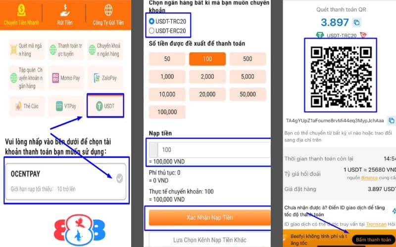 Nạp tiền GA888 bằng phương thức USDT