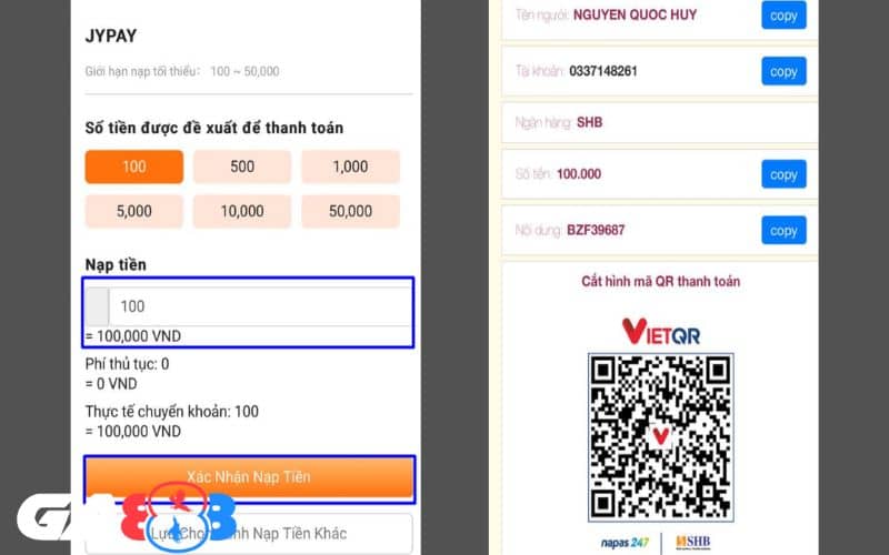 Nhập số tiền cần nạp và thực hiện giao dịch chuyển tiền trên ứng dụng